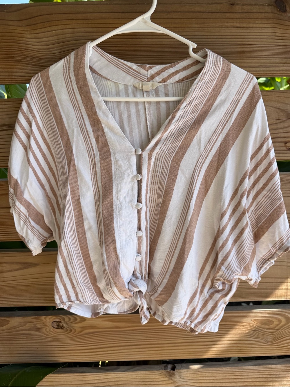 Striped Cream and Tan Button-Front Tie Crop Top 100% Rayon